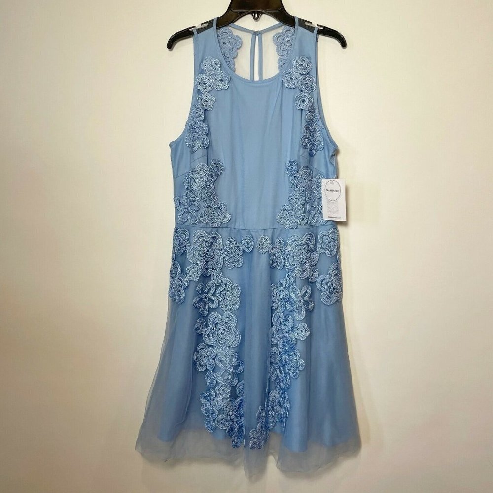 Badgley Mischka Womens Sleeveless Mini Bridesmaid Dress Blue S Mesh Floral NWT